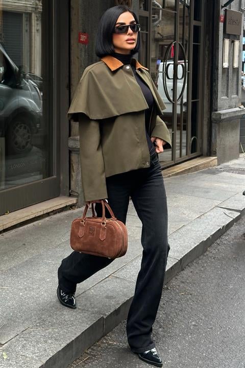 Blouson femme avec cape 65 % coton -Kaki