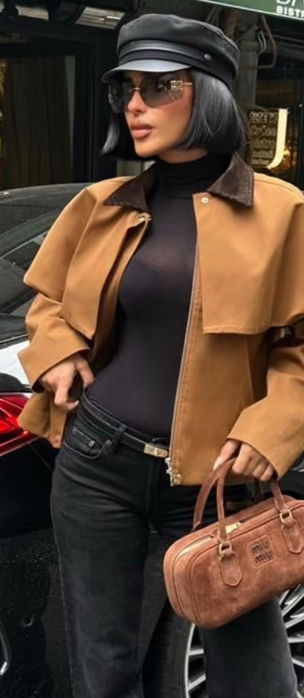 Blouson femme avec cape  65 % coton -Brun