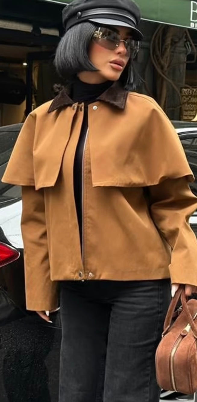 Blouson femme avec cape  65 % coton -Brun